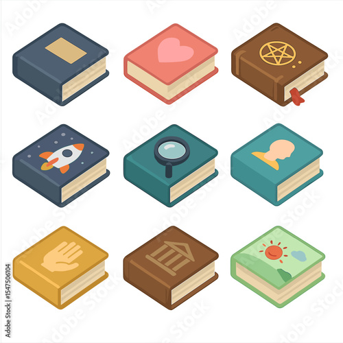 Isometric Book Genre Icons. Isometric Flat icon set of book genres representation: hardcover novel, paperback romance, fantasy