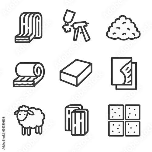 Insulation Material Icons. Outline icon set of insulation materials: fiberglass batts, spray foam, cellulose loose fill, mineral