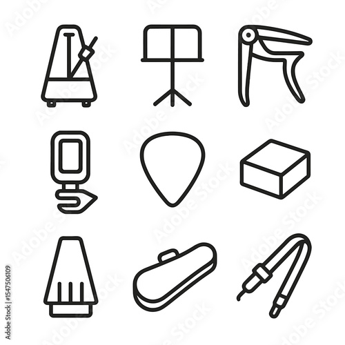 Instrument Accessory Icons. Outline icon set of instrument accessories: metronome, music stand, capo, tuner, pick, rosin, mute,