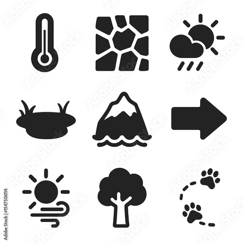Climate Impact Icons. Solid, filled icons set of climate-driven animal movement: temperature gauge, dry land,