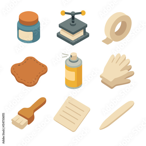 Book Restoration Tools. Isometric Flat icon set of book restoration tools: repair glue jar, book press, archival tape roll,