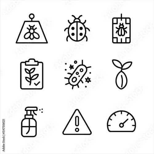 Integrated Pest Management Icons. Outline icon set of integrated pest management: pheromone trap, predator insect, sticky card,