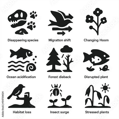 Climate Impact Icons. Solid, filled icons set of climate impact on ecosystems: disappearing species, migration