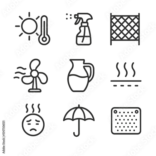 Heatwave Survival Icons. Outline icon set of curing in hot weather: sun with thermometer, mist sprayer, shading mesh, wind fan,