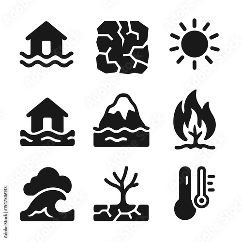 Climate Change Icons. Solid, filled icons set of climate change effects: rising sea level, drought crack,