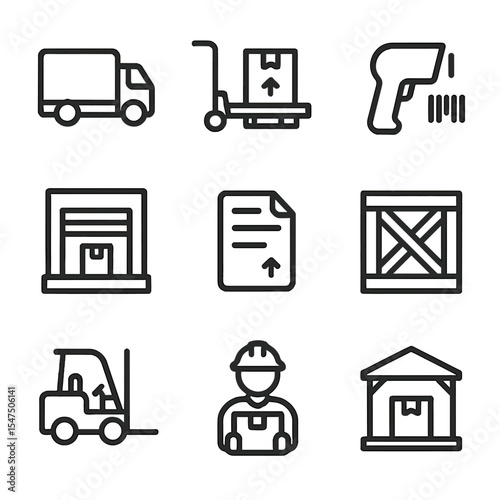 Inventory Receiving Icons. Outline icon set of inventory receiving: delivery truck, pallet jack, loading dock, barcode scanner,