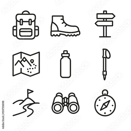 Hiking Trail Icon Set. Outline icon set of hiking trail on rolling hills: backpack, walking boot, trail sign, map, water bottle,