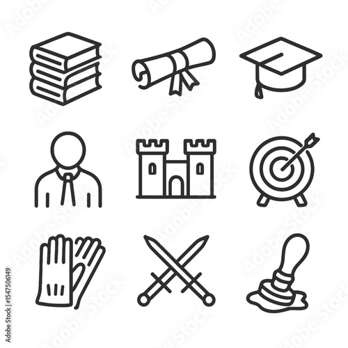 Heir Education Icons. Outline icon set of heir education and training: book stack, scroll diploma, mortarboard cap, tutor figure,