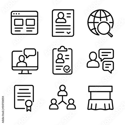 International Job Icons. Outline icon set of international job search: job board website, resume document, magnifier over globe,