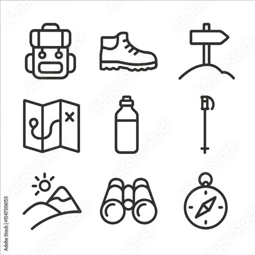 Hiking Trail Icon Set. Outline icon set of hiking trail on rolling hills: backpack, walking boot, trail sign, map, water bottle,