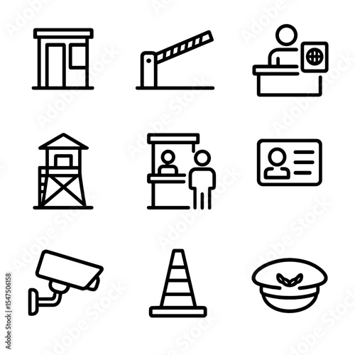Border Crossing Icons. Outline icon set of border crossing points: checkpoint booth, barrier gate, passport control, guard tower,