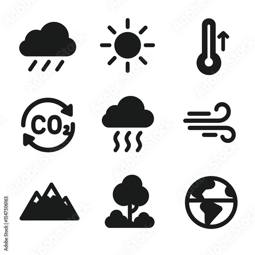 Climate Interaction Icons. Solid, filled icons set of climate and ecosystem interaction: rainfall icon,