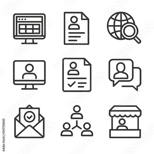 International Job Icons. Outline icon set of international job search: job board website, resume document, magnifier over globe,