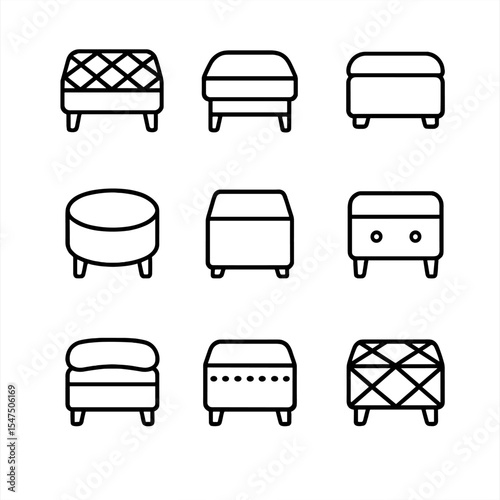 Ottoman Styles Icons. Outline icon set of ottoman styles: tufted, fabric, leather, round, square, decorative button, cushion,