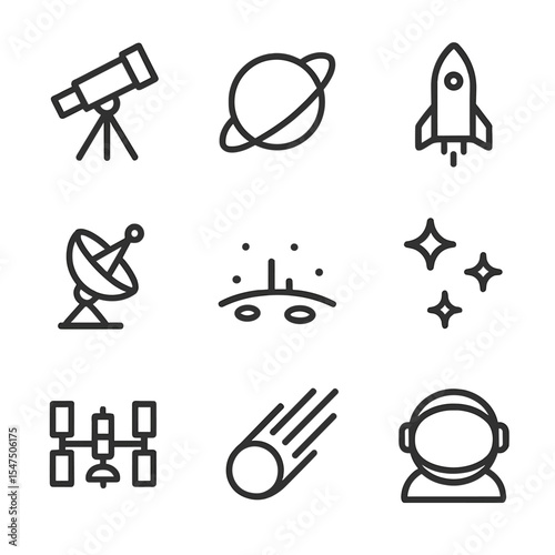 Outer Space Icons. Outline icon set of outer space exploration: telescope, planet orbit, rocket launch, astronaut helmet,