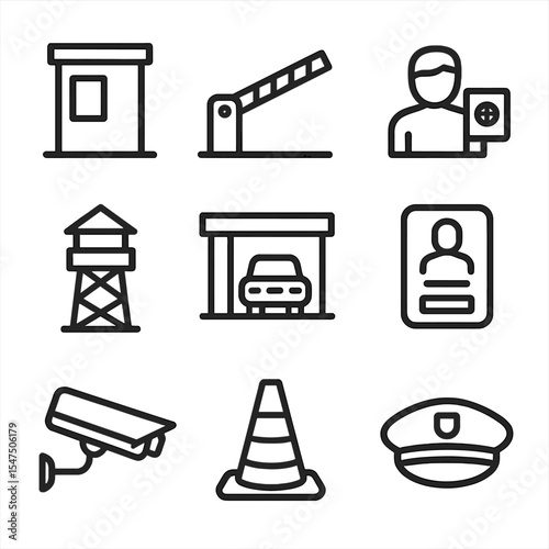 Border Crossing Icons. Outline icon set of border crossing points: checkpoint booth, barrier gate, passport control, guard tower,