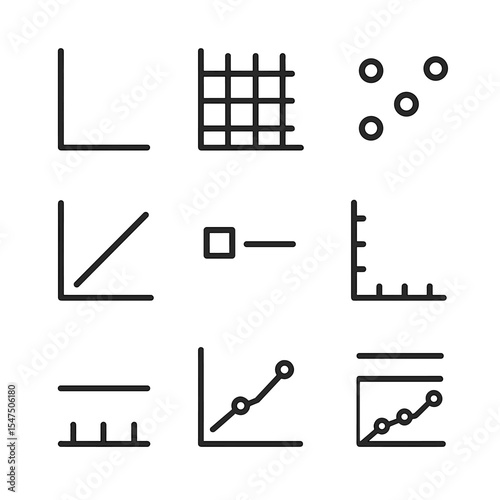 Investment Graph Icons. Outline icon set of investment graph components: x-axis, y-axis, gridlines, data points, trendline, legend