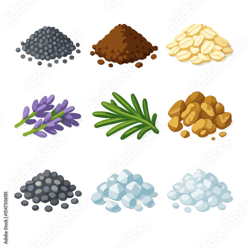 Botanical Exfoliants Icons. Isometric Flat icon set of botanical exfoliants: poppy seeds, ground coffee, oatmeal flakes, lavender