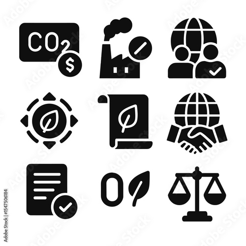 Climate Policy Icons. Solid, filled icons set of climate policy and regulation: carbon tax, emission limit,