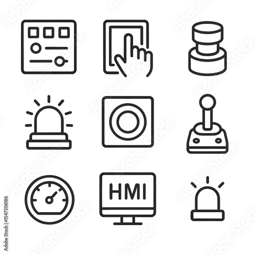 HMI Icon Set. Outline icon set of human-machine interface: control panel, touchscreen, push button, indicator light, emergency