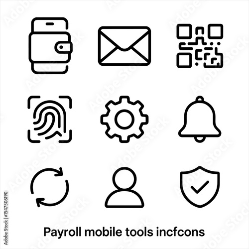 Payroll Mobile Icons. Outline icon set of payroll mobile tools: mobile wallet, envelope icon, QR code, fingerprint scan, settings
