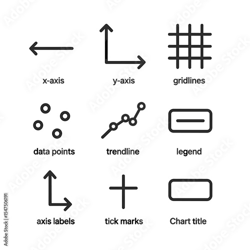 Investment Graph Icons. Outline icon set of investment graph components: x-axis, y-axis, gridlines, data points, trendline, legend
