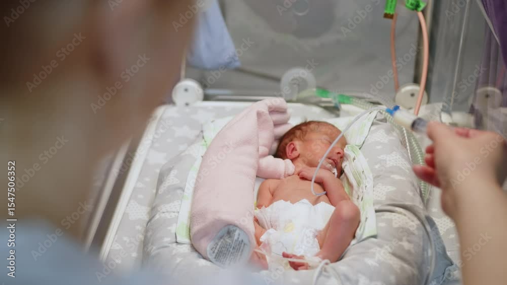A premature baby in a neonatal intensive care unit receives nourishment from a syringe, donor breast milk. Showcasing the resource in a medical setting.
