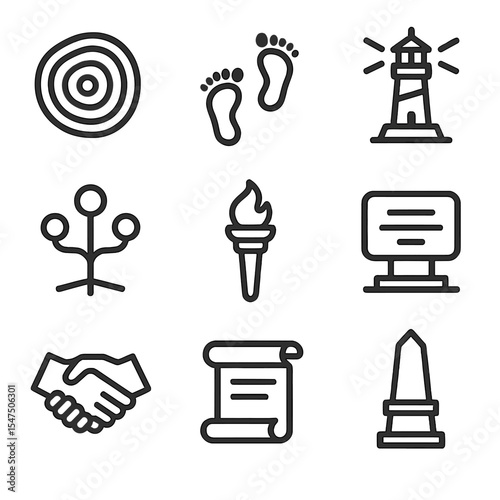 Legacy and Planning Icons. Outline icon set of legacy and impact: tree rings, footprint trail, family tree, lighthouse, torch,