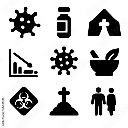 Colonization Health Icons. Solid, filled icons set of colonization and health impacts: disease icon, vaccine