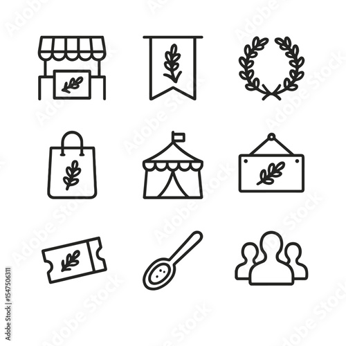 Lavender Festival Icons. Outline icon set of lavender festival and market: market stall, banner, lavender wreath, shopping bag,