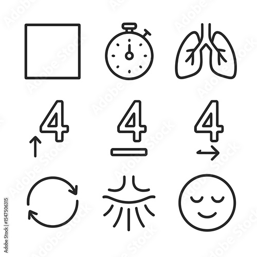 Breathing Exercises Icons. Outline icon set of breathing exercises: box breathing square, stopwatch, lungs icon, inhale count “4”,