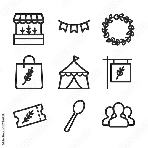 Lavender Festival Icons. Outline icon set of lavender festival and market: market stall, banner, lavender wreath, shopping bag,