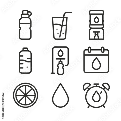 Hydration Tracking Icons. Outline icon set of hydration and water intake: water bottle, glass with straw, hydration tracker, water