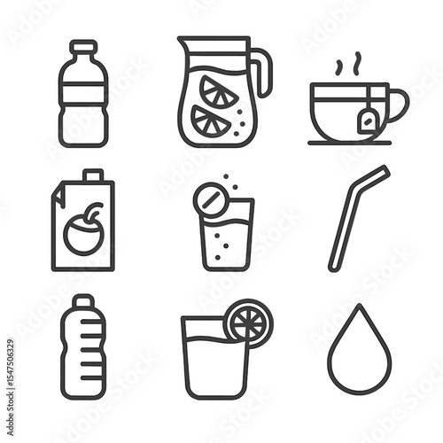 Hydration Icon Set. Outline icon set of hydrating choices: water bottle, infused water pitcher, herbal tea cup, coconut water pack