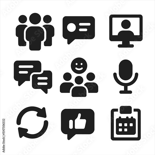 Communication Icons Grid. Solid, filled icons set of communication habits for teams: daily stand-up, async