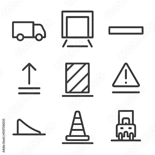 Loading Bay Icons. Outline icon set of loading bay floor markings: truck silhouette, dock door, stop line, direction arrow,