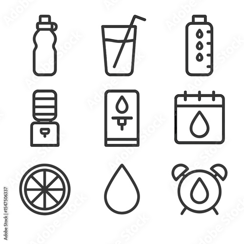 Hydration Tracking Icons. Outline icon set of hydration and water intake: water bottle, glass with straw, hydration tracker, water