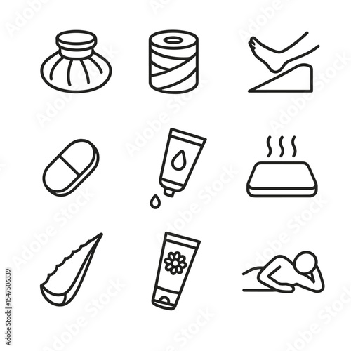 Bruise Treatment Icons. Outline icon set of bruise treatment and care: ice pack, compression bandage, elevation wedge, painkiller