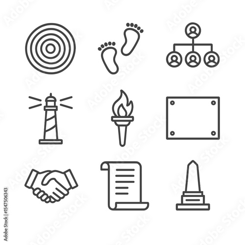 Legacy and Planning Icons. Outline icon set of legacy and impact: tree rings, footprint trail, family tree, lighthouse, torch,