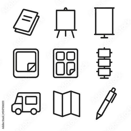 Promotional Materials Icons. Outline icon set of promotional materials: flyer stack, poster easel, roll-up banner, window decal,