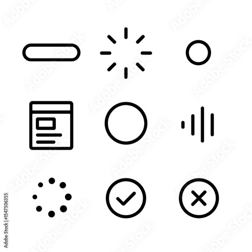 Loading Icon Set. Outline icon set of loading and progress indicators: linear progress bar, circular spinner, pulsing dot,