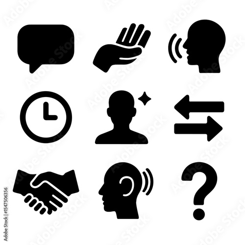 Communication Habits Icons. Solid, filled icons set of healthy communication habits: chat bubble, open hand,