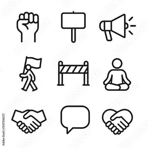 Protest Icons Set. Outline icon set of Public protest actions: raised fist, protest sign, megaphone, march silhouette, banner flag