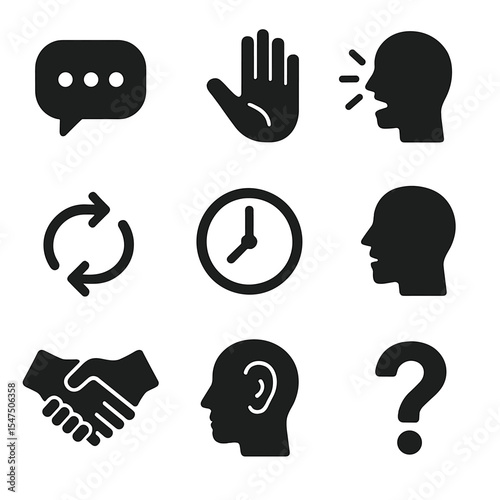Communication Habits Icons. Solid, filled icons set of healthy communication habits: chat bubble, open hand,