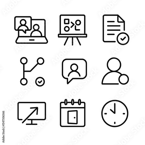 Remote Collaboration Icons. Outline icon set of remote collaboration tools: video conference, virtual whiteboard, shared document,