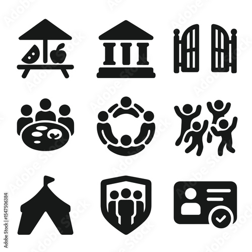 Community Icons Grid. Solid, filled icons set of community gatherings: picnic icon, town hall, open gate,