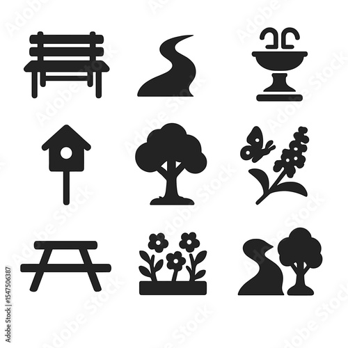 Community Green Space Icons. Solid, filled icons set of community green space features: public bench, garden