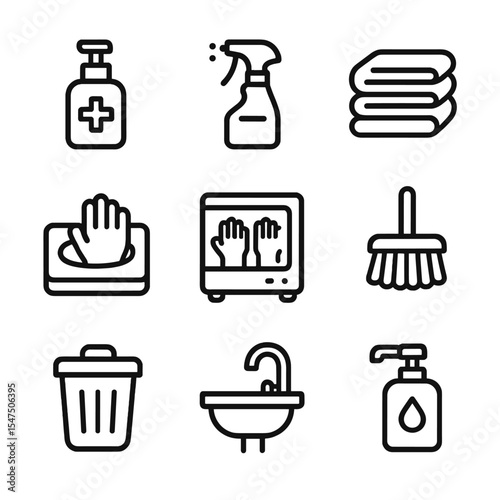 Hygiene Icon Set. Outline icon set of hygiene and sanitation: sanitizer bottle, disinfectant spray, towel stack, glove box,