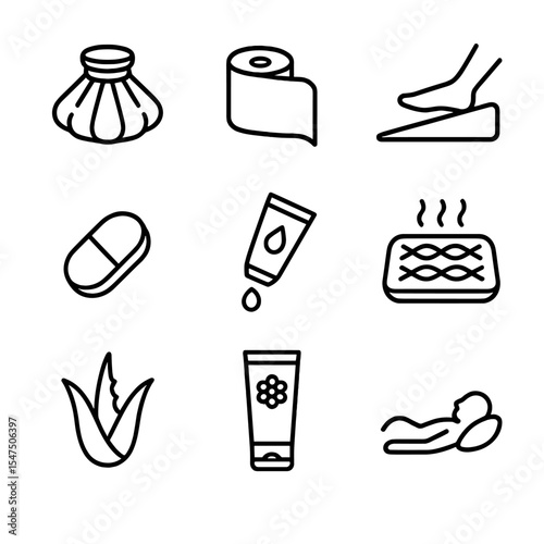 Bruise Treatment Icons. Outline icon set of bruise treatment and care: ice pack, compression bandage, elevation wedge, painkiller