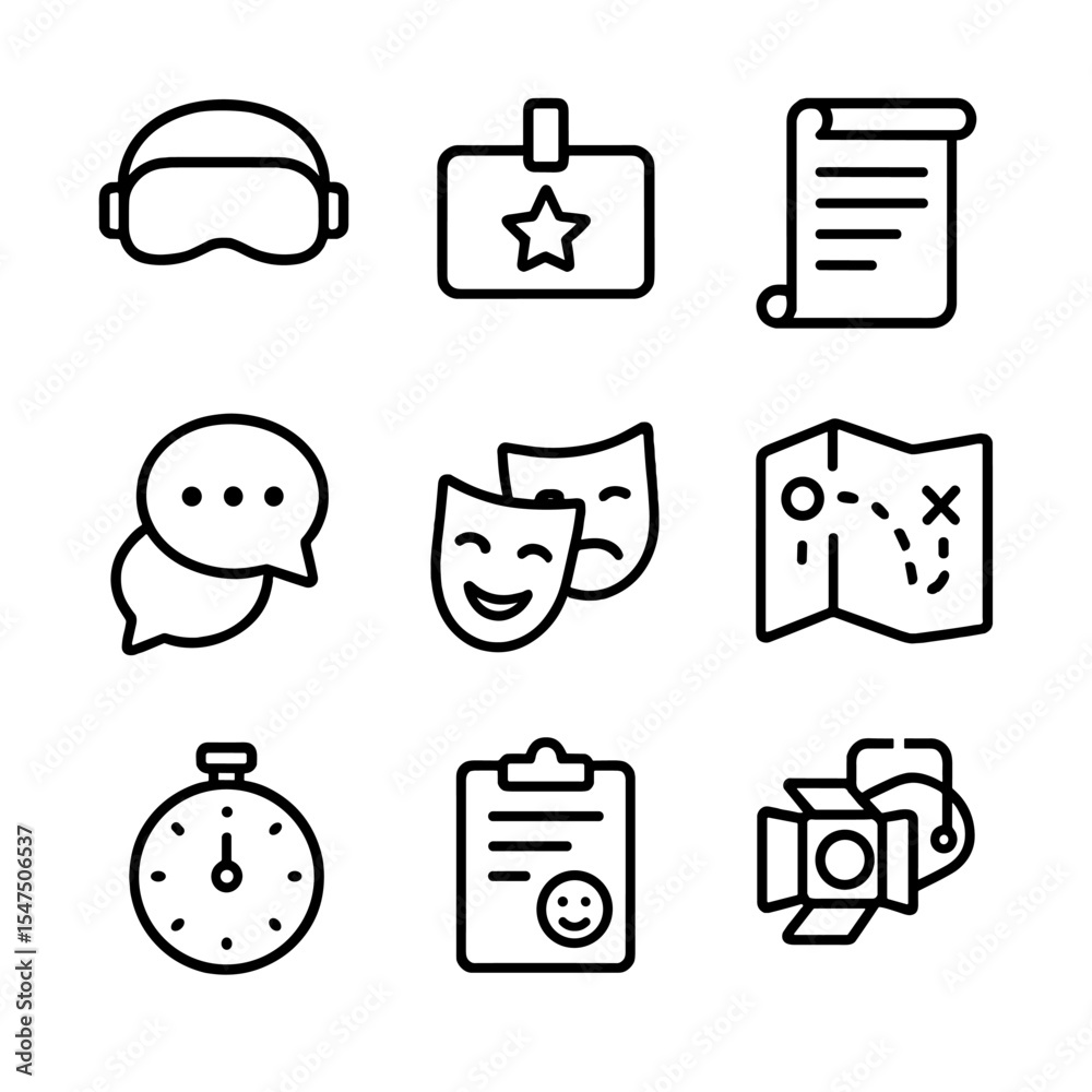 Role-Play Icon Set. Outline icon set of simulation and role-play: headset VR, role badge, script scroll, stage spotlight, dialogue